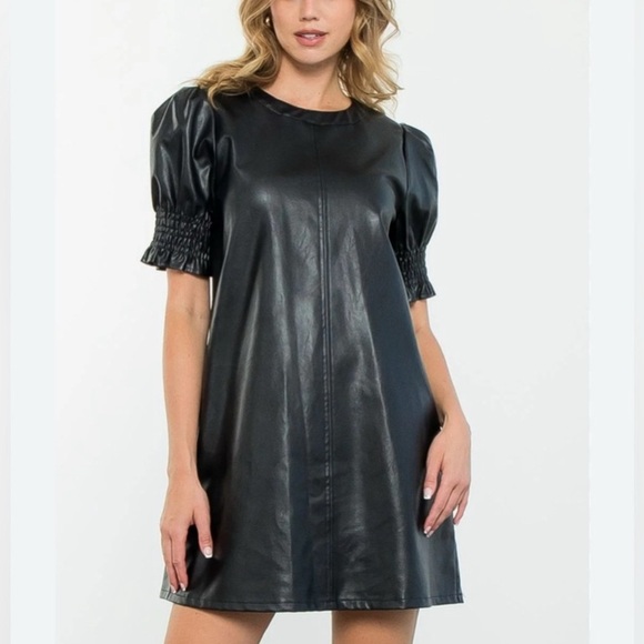 THML Anthropologie Lucille Short Puff Sleeve Faux Leather MEDIUM Babydoll A-Line - Picture 1 of 15